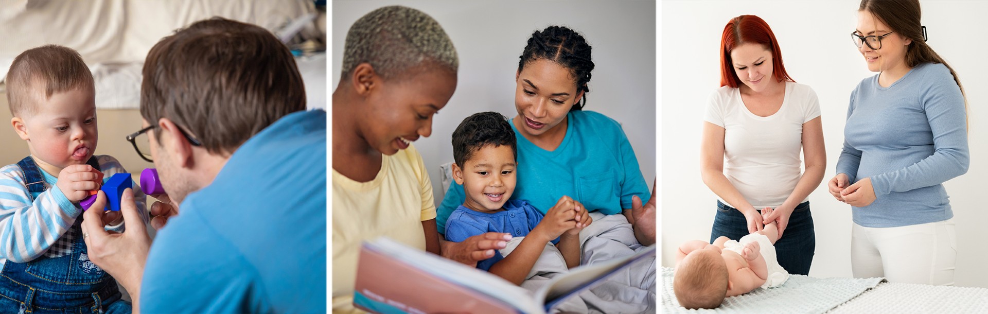 A group of photos depicting adults interacting with toddlers